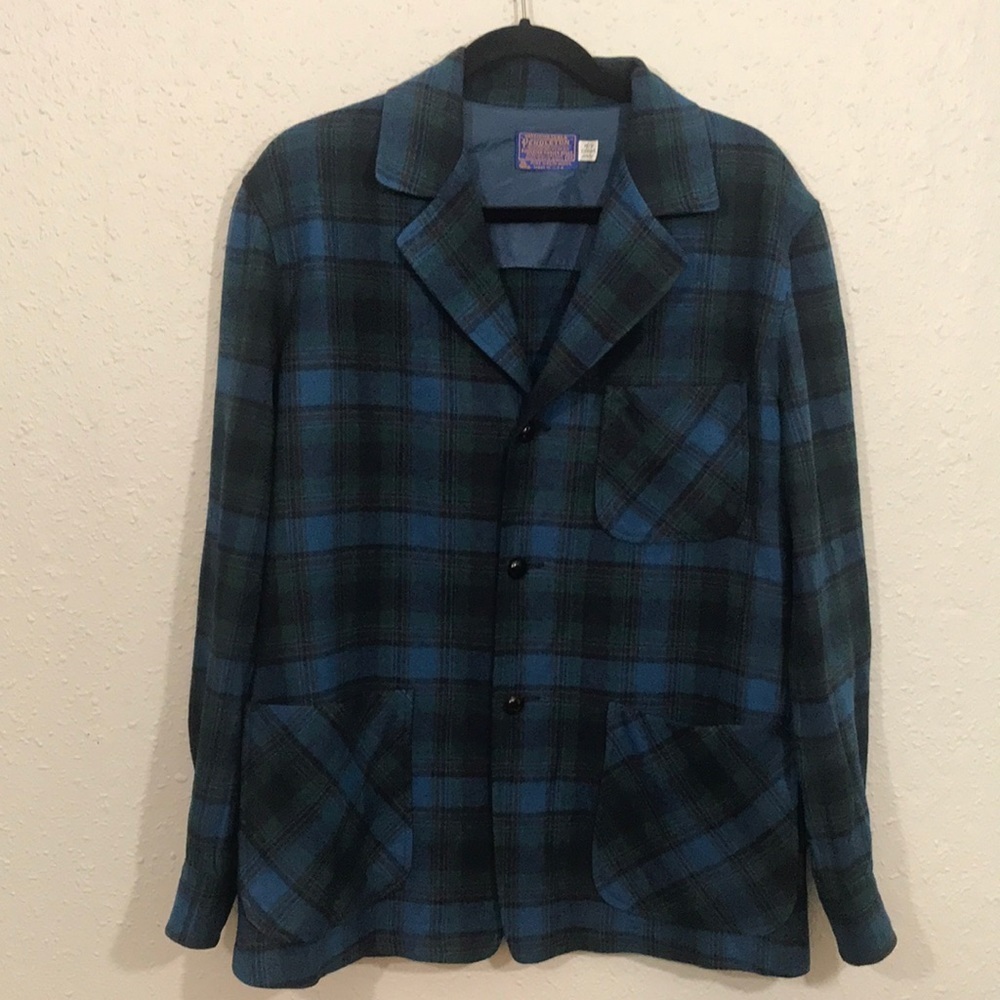 Pendleton Vintage 100% Virgin Wool Blue Plaid Unlined Jacket size L